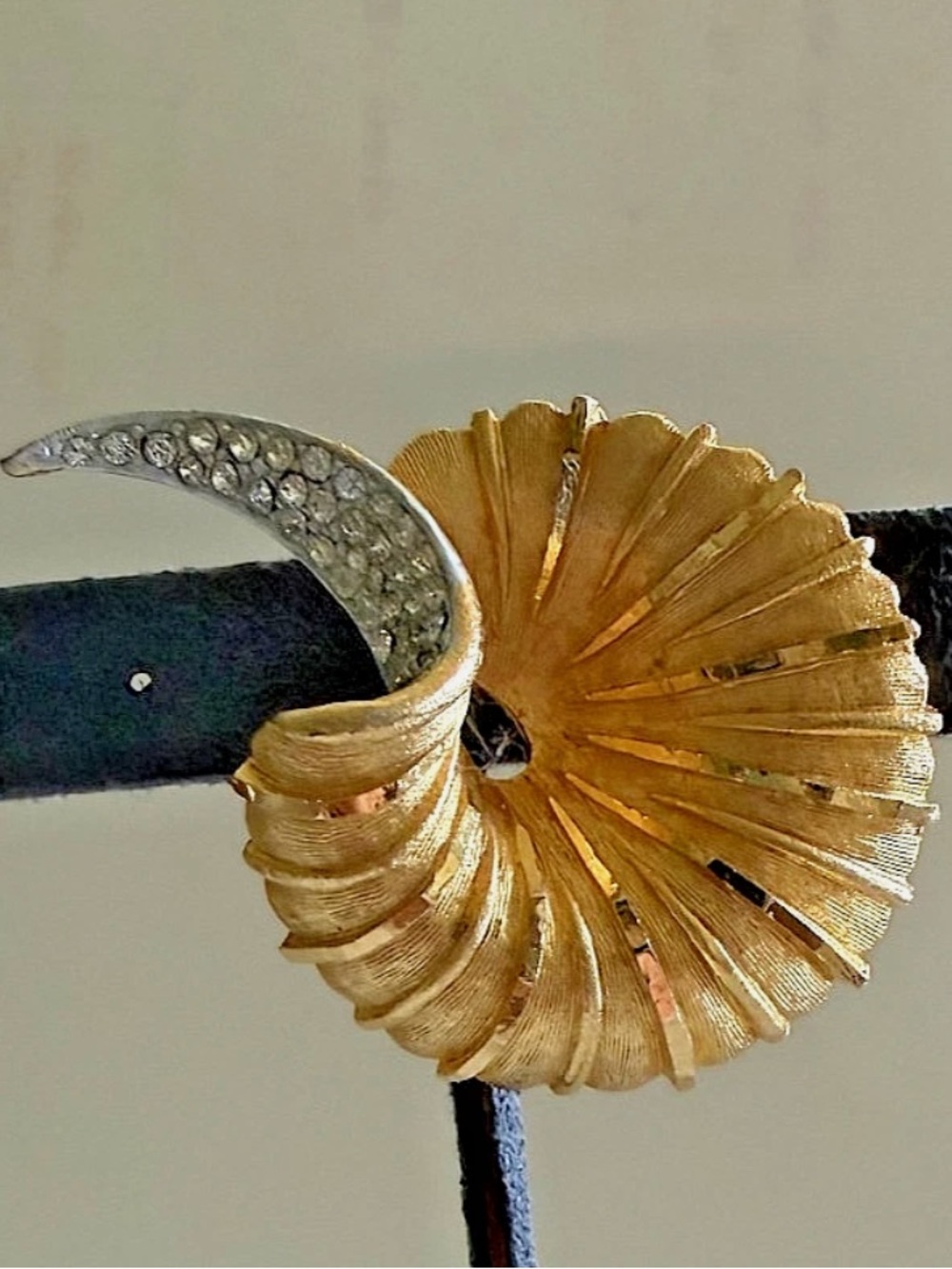 Bsk Spiral Fan Brooch with Silver Crystal Accent